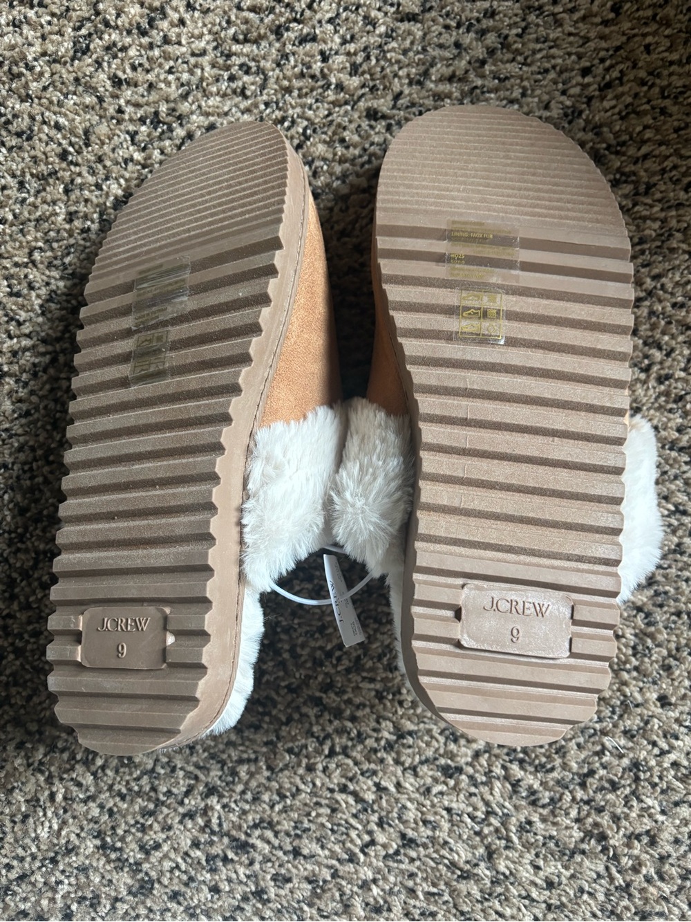 J. Crew Tan Slip-On Women's Slippers with White Faux Fur